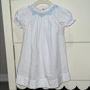 Smocked White Smocked Easter Spring Dress with Blue Embroidery and Pink Flowers